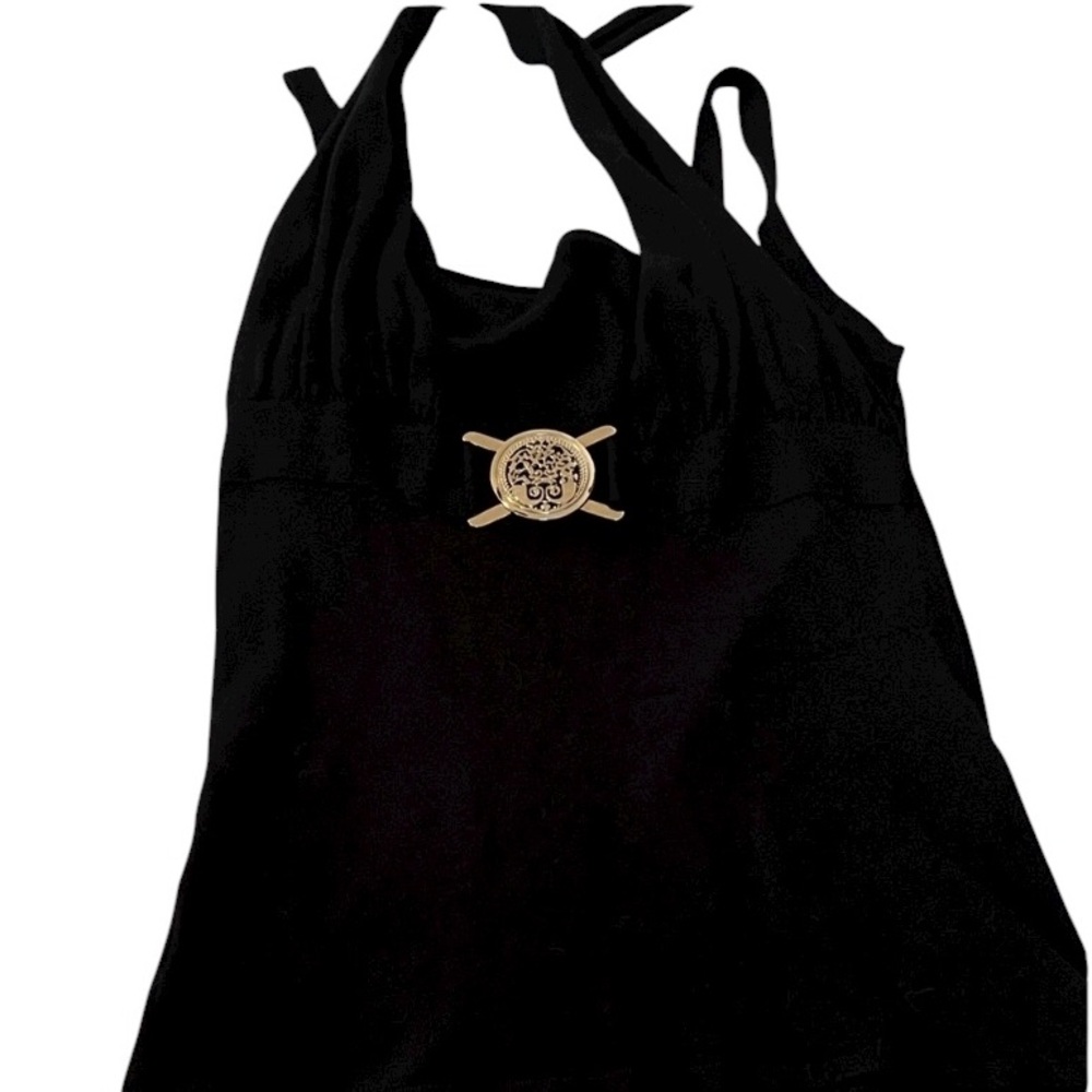 Kenar large black knit top sleeveless tank with halter straps silver medallion